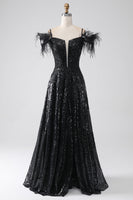 Load image into Gallery viewer, A-Line Cold Shoulder Sequins Long Prom Dress with Slit
