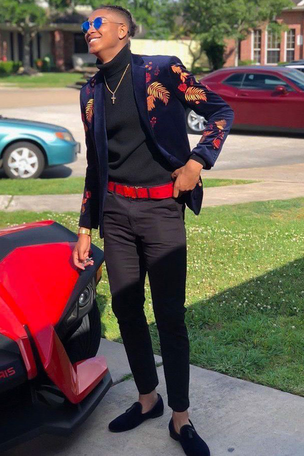 Navy Print Notched Lapel Prom Blazer for Men