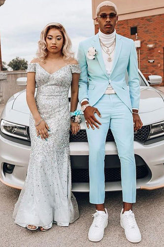 2 Piece Light Blue Notched Lapel Men's Prom Suits