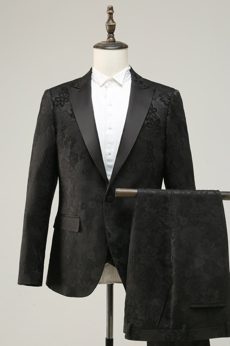 Load image into Gallery viewer, Peak Lapel Black Jacquard Men&#39;s Prom Suits