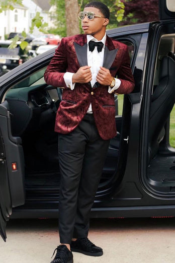 Peak Lapel Burgundy One Button Print Men's Prom Suits