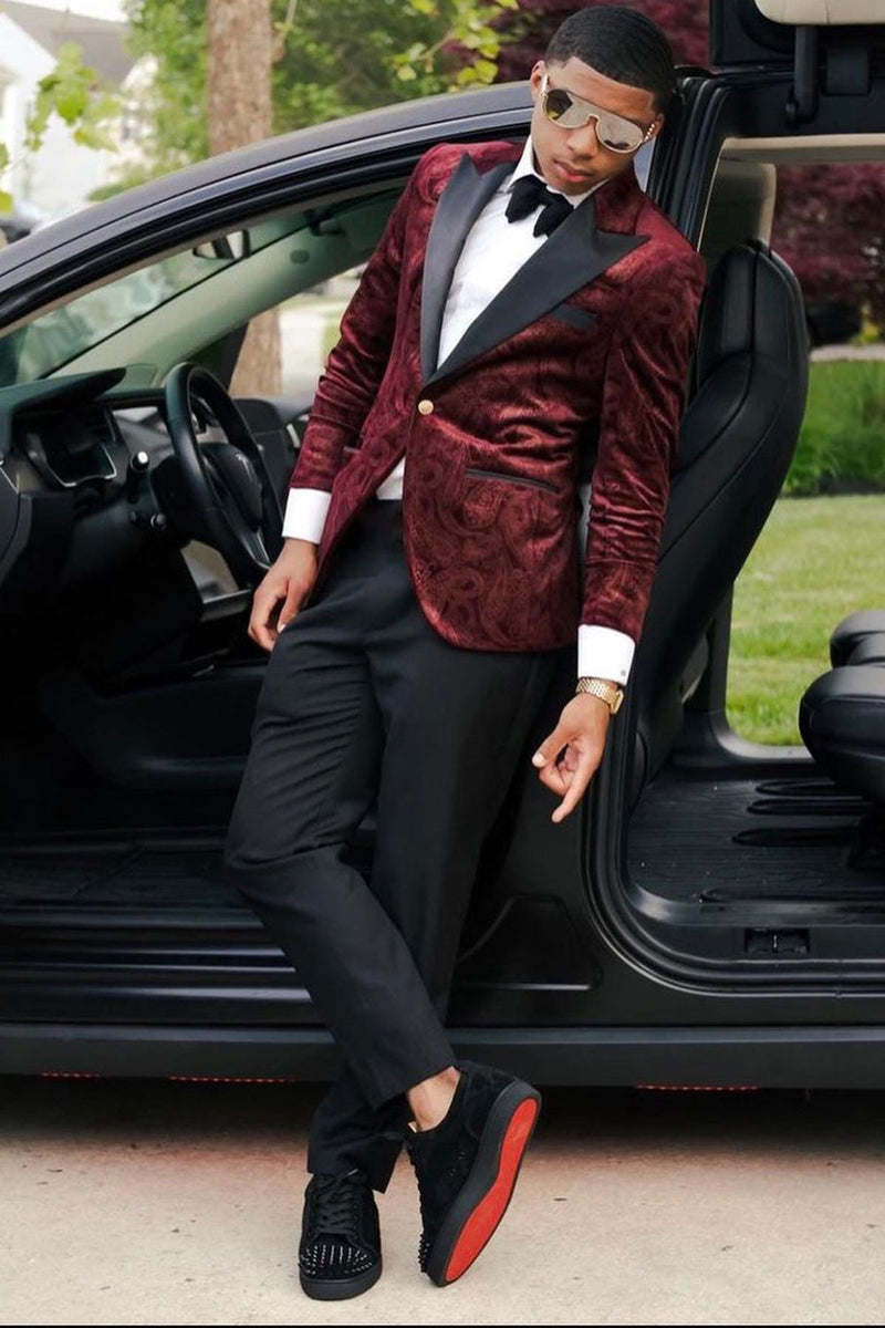 Load image into Gallery viewer, Peak Lapel Burgundy One Button Print Men&#39;s Prom Suits