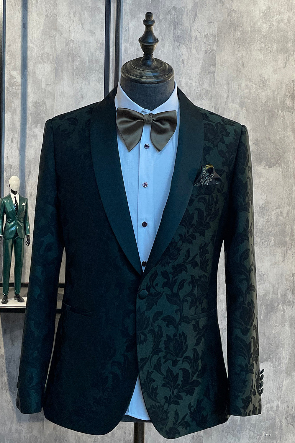 Dark Green Jacquard Shawl Lapel One Button 2 Piece Men's Prom Suits