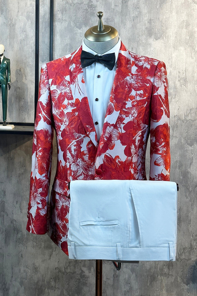 Load image into Gallery viewer, Red Floral Jacquard 2 Piece Men Prom Suits