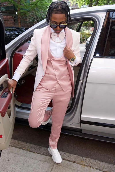 Light Pink Prom Tuxedo Shawl Lapel 3 Piece Jacquard Men's Prom Suits