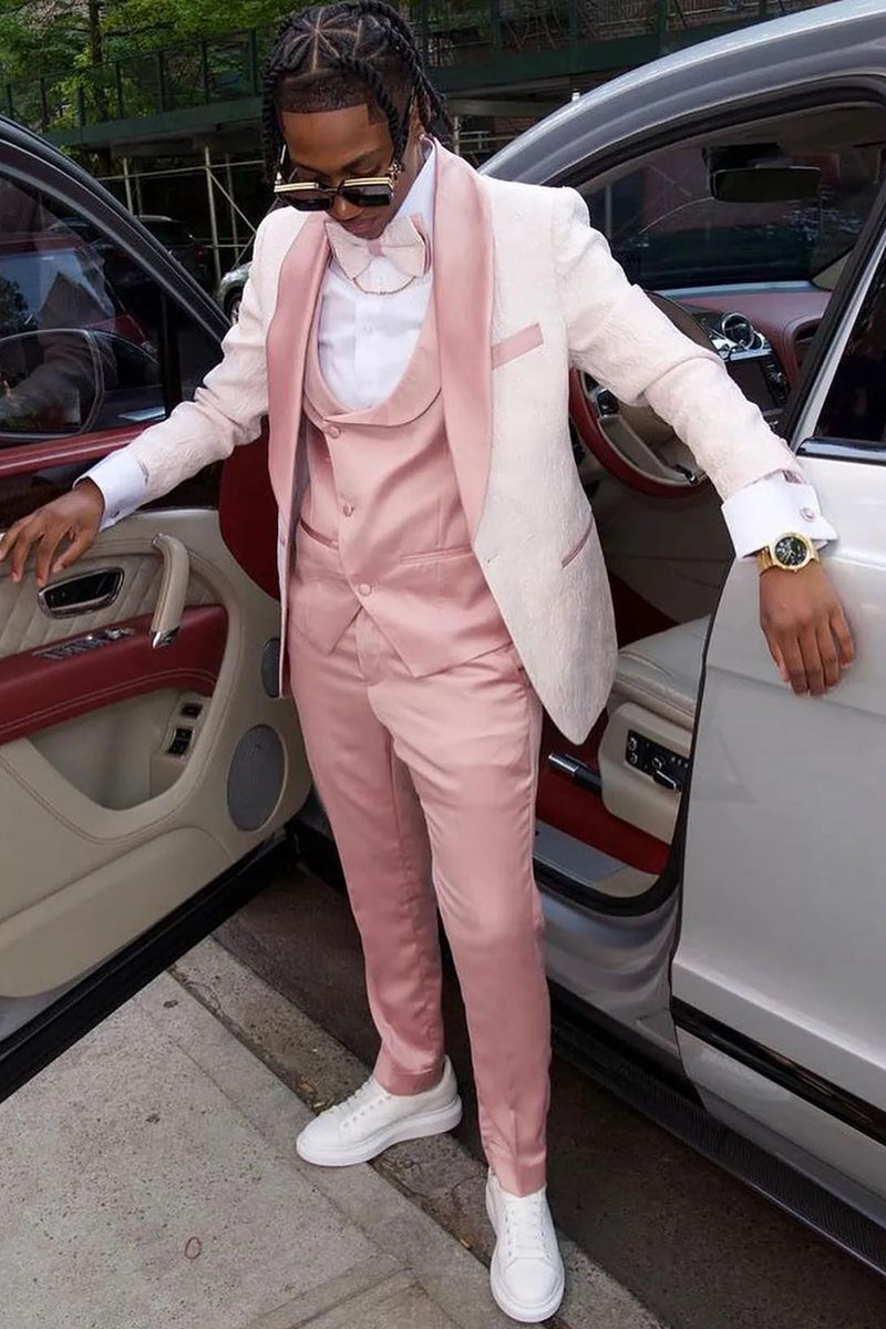 Queendancer Light Pink Prom Tuxedo Shawl Lapel 3 Piece Jacquard Men's ...