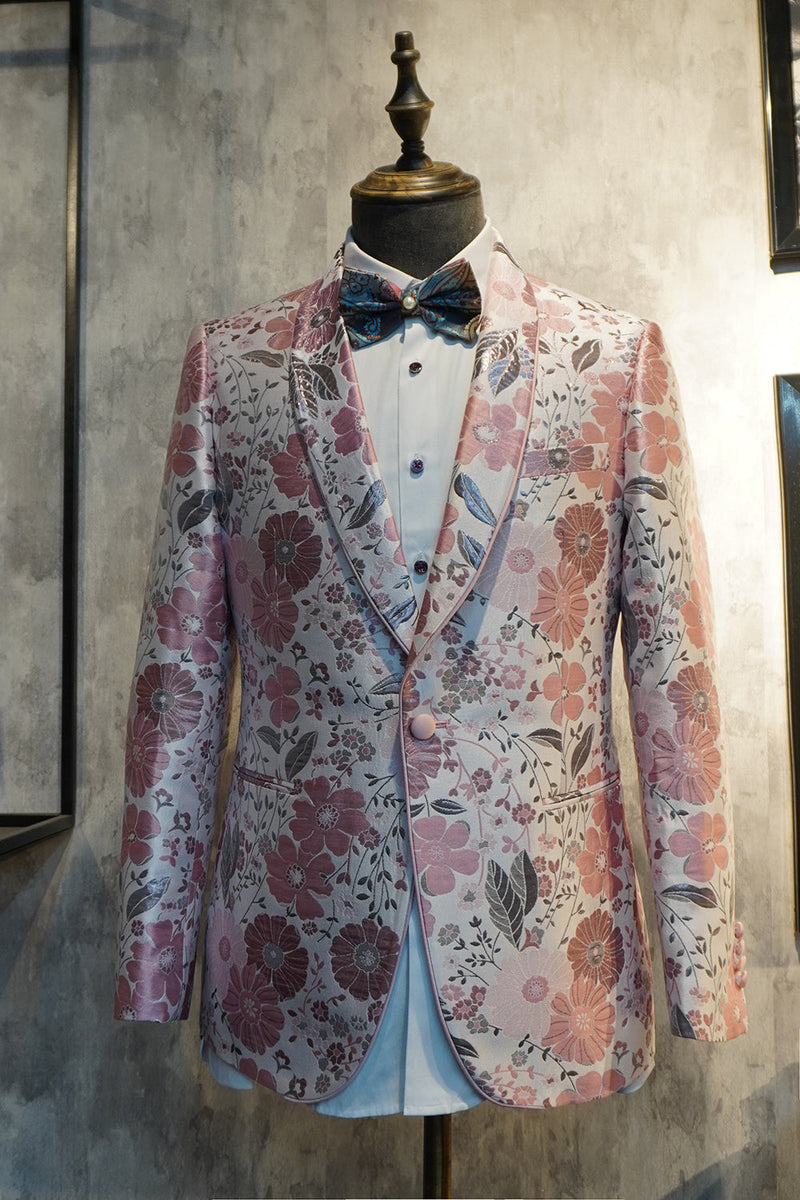 Load image into Gallery viewer, Pink Floral Jacquard Shawl Lapel 2 Piece Prom Homecoming Suits