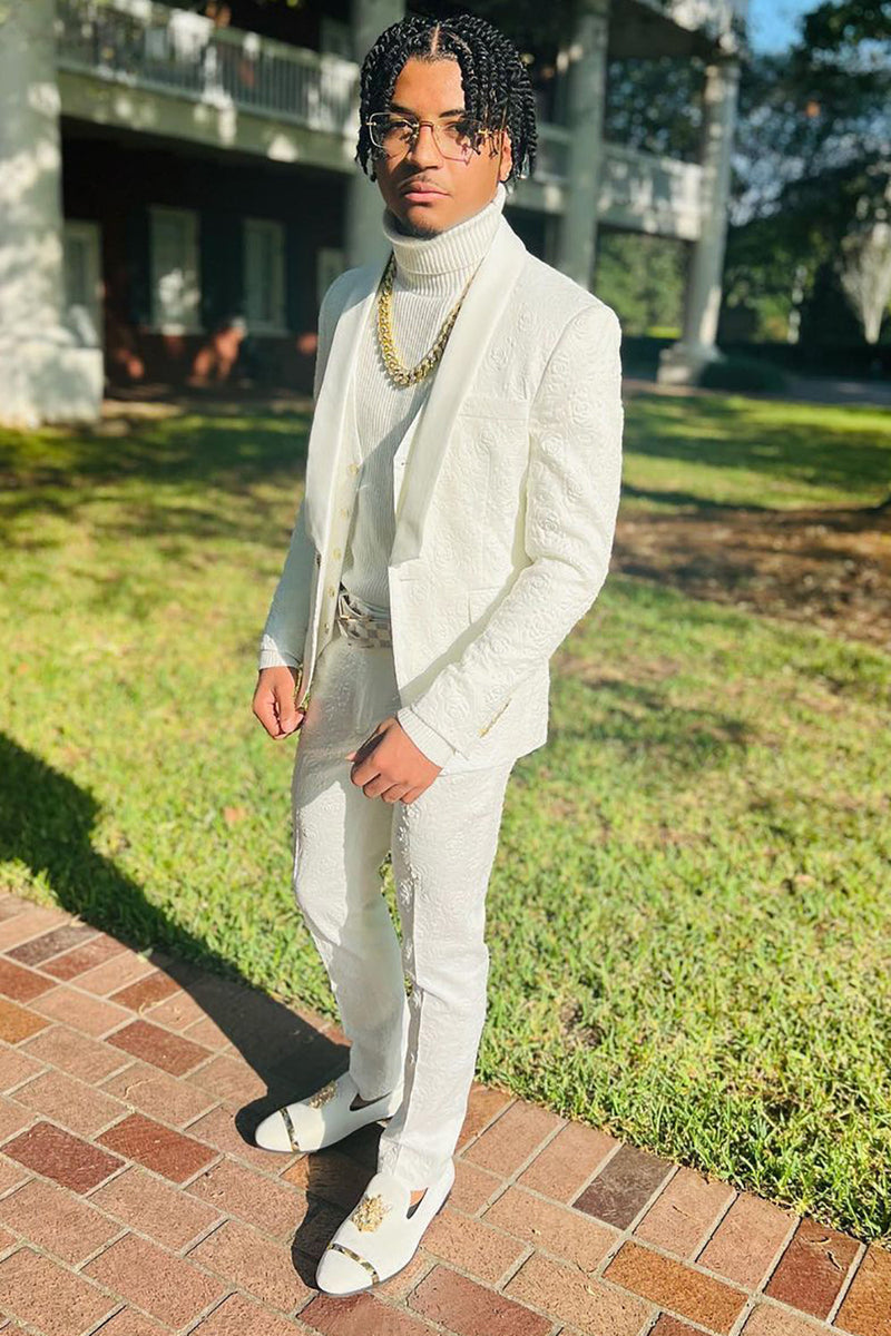 Load image into Gallery viewer, White Jacquard Shawl Lapel 3 Piece Prom Homecoming Suits