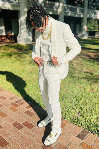 White Jacquard Shawl Lapel 3 Piece Prom Homecoming Suits