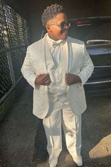 White Jacquard Shawl Lapel 3 Piece Prom Suits