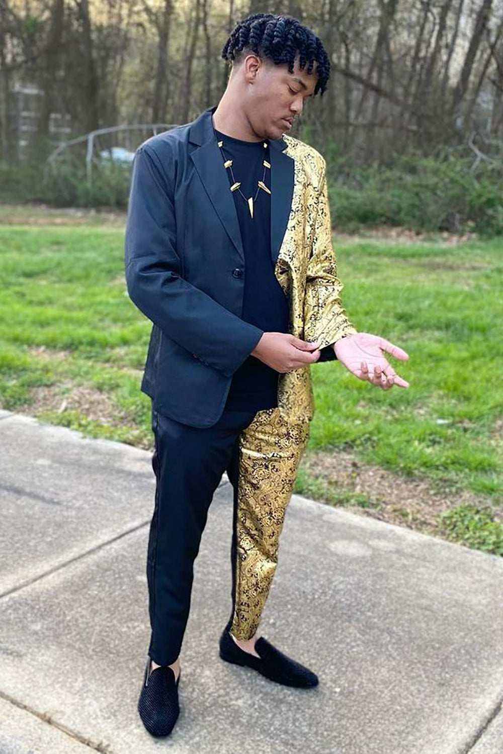 White and Golden Notched Lapel 2 Piece Patchwork Prom Homecoming Suits