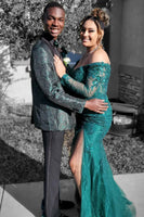 Load image into Gallery viewer, Green Jacquard Shawl Lapel One Button Prom Homecoming Blazer