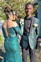 Load image into Gallery viewer, Green Jacquard Shawl Lapel One Button Prom Homecoming Blazer