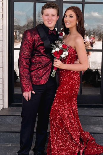 Burgundy Jacquard Shawl Lapel One Button Prom Homecoming Blazer