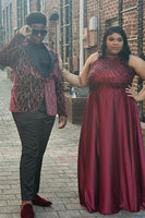 Load image into Gallery viewer, Sparkly Burgundy Jacquard Patchwork Peak Lapel Prom Homecoming Blazer