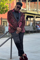 Load image into Gallery viewer, Sparkly Burgundy Jacquard Patchwork Peak Lapel Prom Homecoming Blazer