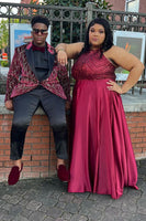 Load image into Gallery viewer, Sparkly Burgundy Jacquard Patchwork Peak Lapel Prom Homecoming Blazer