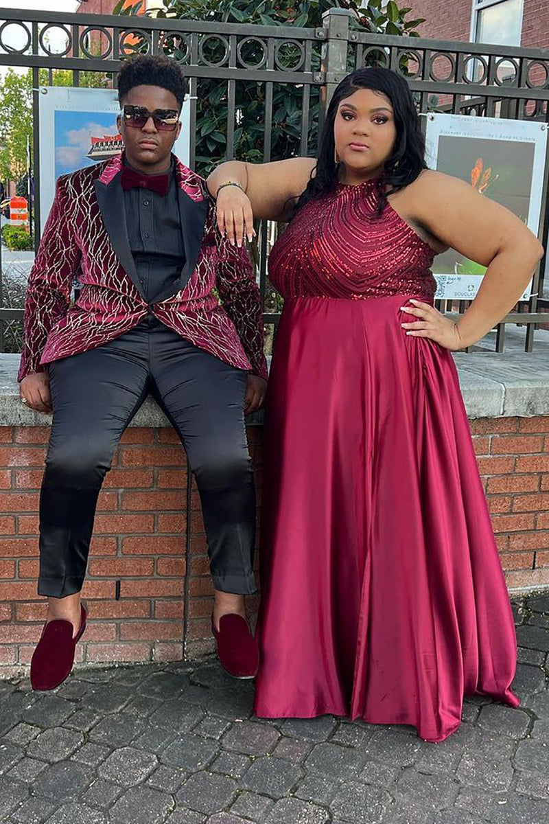 Load image into Gallery viewer, Sparkly Burgundy Jacquard Patchwork Peak Lapel Prom Homecoming Blazer