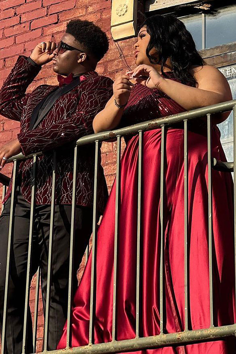 Load image into Gallery viewer, Sparkly Burgundy Jacquard Patchwork Peak Lapel Prom Homecoming Blazer