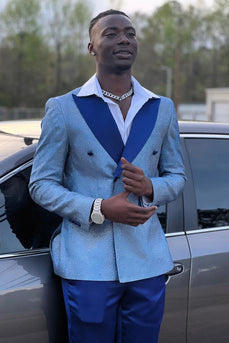 Grey Blue Sparkly Peak Lapel 2 Piece Men's Prom Suits
