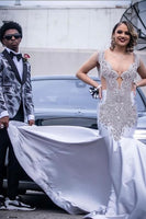 Load image into Gallery viewer, Silver Shawl Lapel Print Men&#39;s Prom Blazer