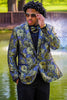 Load image into Gallery viewer, Green and Blue Flower Jacquard Shawl Lapel Prom Homecoming Blazer