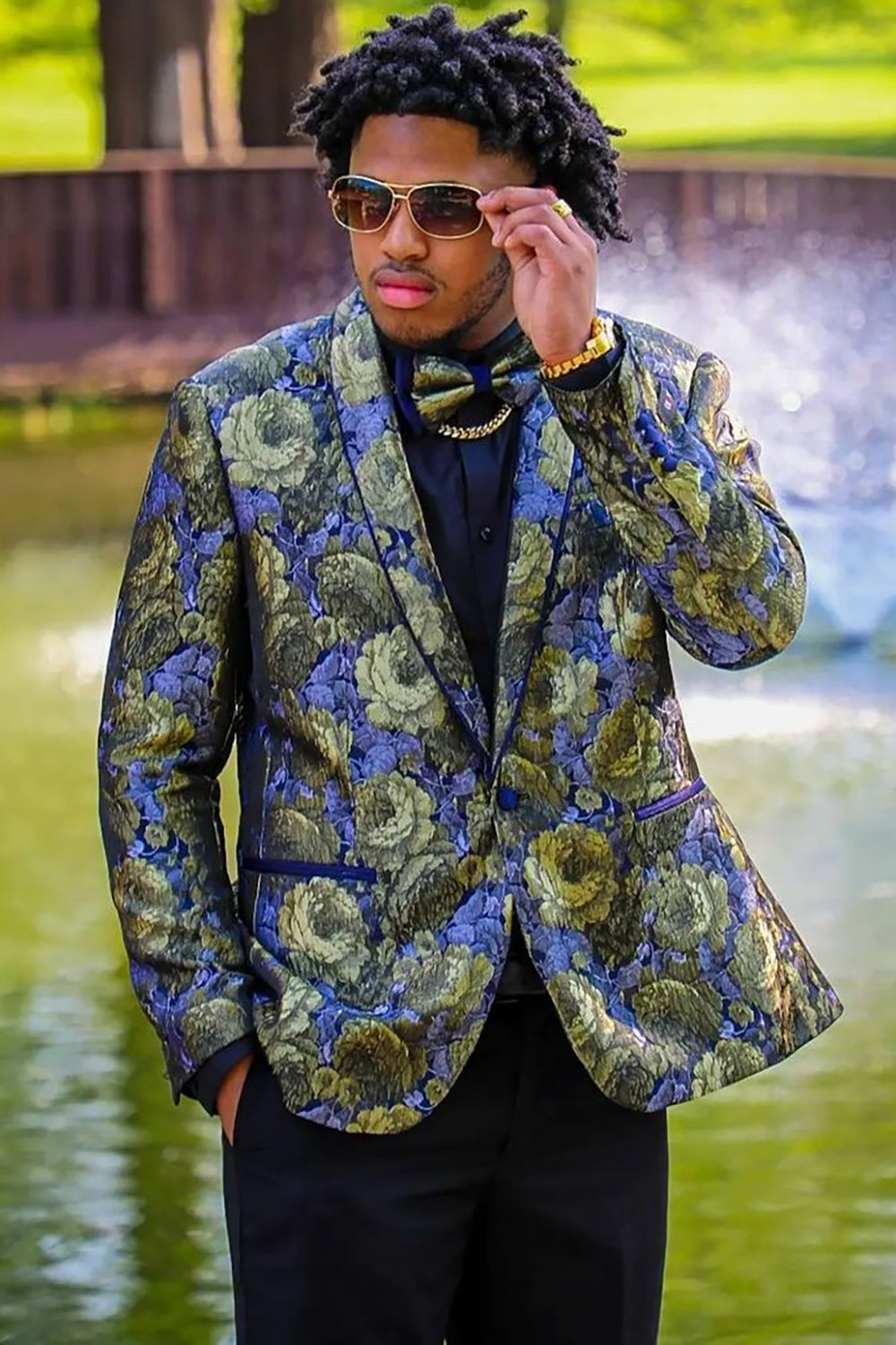 Green and Blue Flower Jacquard Shawl Lapel Prom Homecoming Blazer
