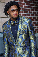 Load image into Gallery viewer, Green and Blue Flower Jacquard Shawl Lapel Prom Homecoming Blazer