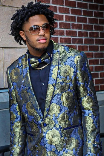 Green and Blue Flower Jacquard Shawl Lapel Prom Homecoming Blazer