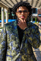 Load image into Gallery viewer, Green and Blue Flower Jacquard Shawl Lapel Prom Homecoming Blazer