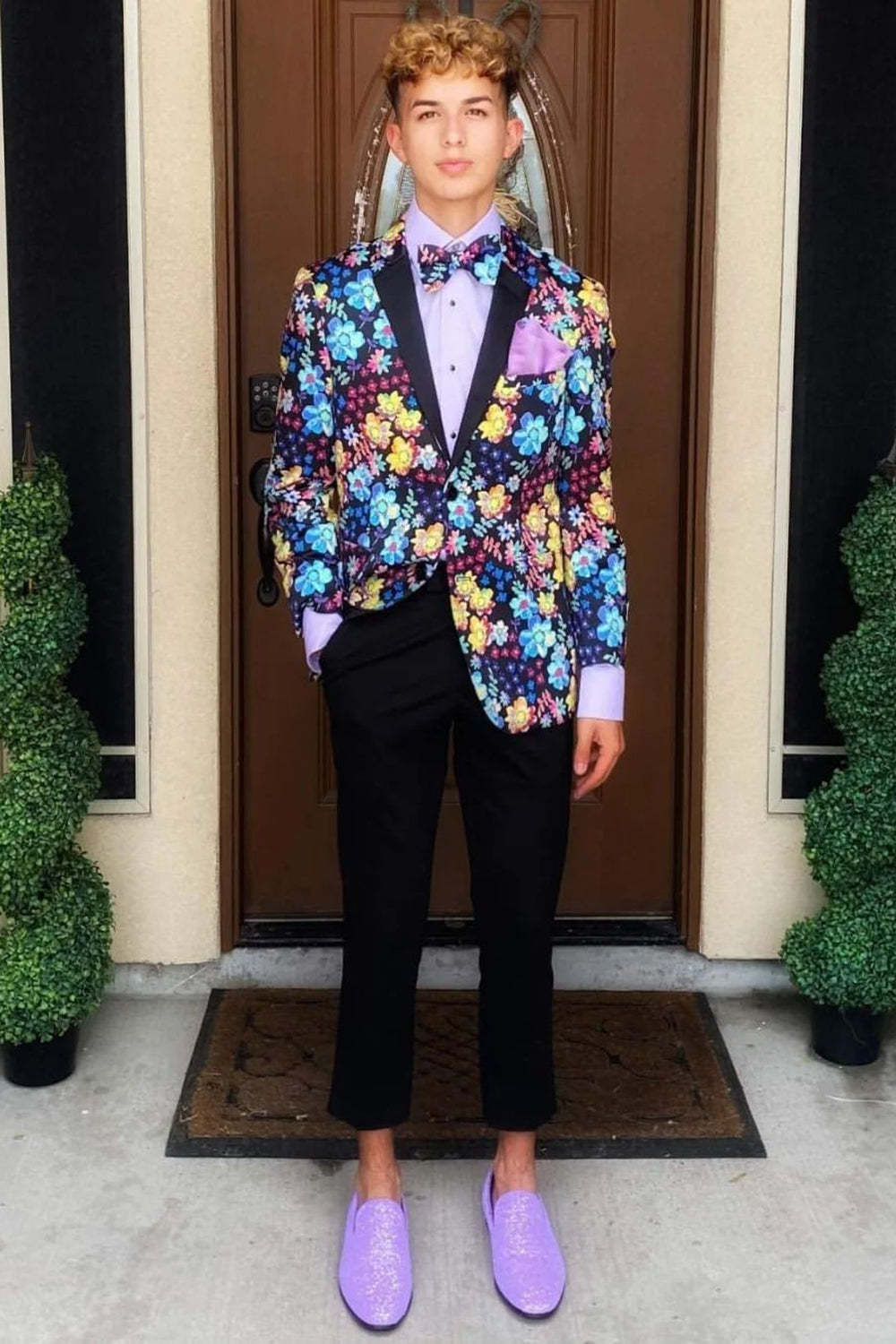 Multi Color Flower Jacquard Patchwork Shawl Lapel Prom Blazer