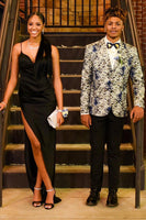 Load image into Gallery viewer, Grey Flower Jacquard Shawl Lapel Prom Blazer