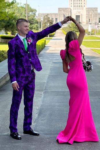 Notched Lapel Two Button Purple Jacquard Men's Prom Suits