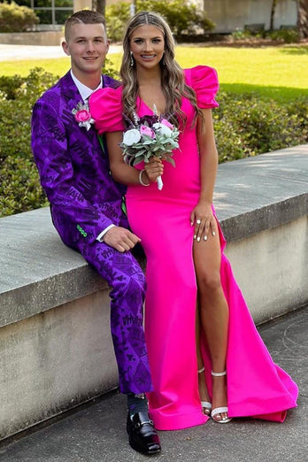 Notched Lapel Two Button Purple Jacquard Men's Prom Suits