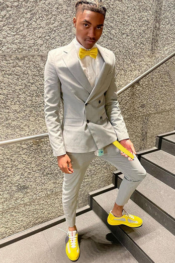 Light Grey Notched Lapel Double Breasted 2 Piece Prom Suits For Men