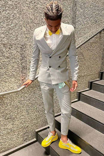 Light Grey Notched Lapel Double Breasted 2 Piece Prom Suits For Men