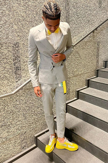 Light Grey Notched Lapel Double Breasted 2 Piece Prom Suits For Men