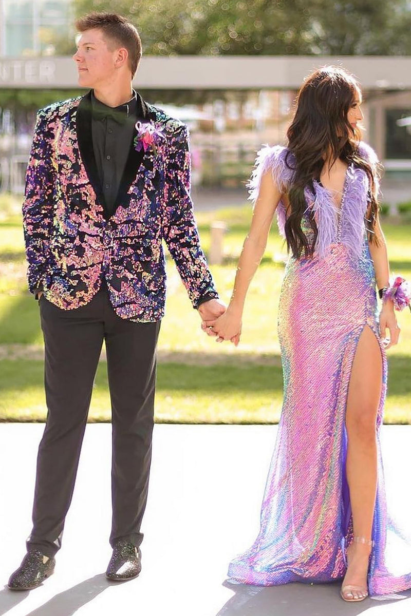 Load image into Gallery viewer, Shawl Lapel One Button Purple Sequins Men&#39;s Prom Blazer