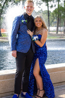 Load image into Gallery viewer, Shawl Lapel One Button Blue Jacquard Men&#39;s Prom Blazer