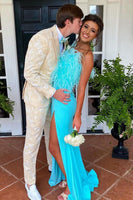 Load image into Gallery viewer, Peak Lapel Two Buttons Light Yellow Jacquard Men&#39;s Prom Suits