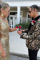 Load image into Gallery viewer, Shawl Lapel One Button Black Golden Jacquard Men&#39;s Prom Blazer