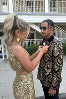 Load image into Gallery viewer, Shawl Lapel One Button Black Golden Jacquard Men&#39;s Prom Blazer