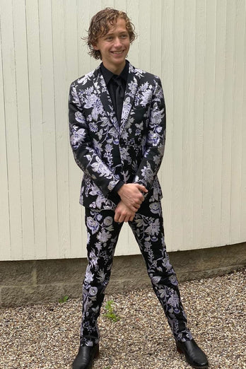 Black and Purple Notched Lapel Jacquard 2 Piece Men's Prom Suits