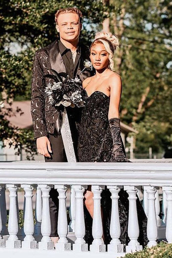 Shawl Lapel Black Jacquard Men's Prom Suits
