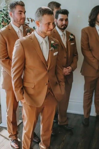 Brown 3 Piece Notched Lapel Groom Suits