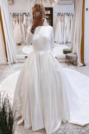 White Vintage Bateau Long A-Line Wedding Dress with Sleeves