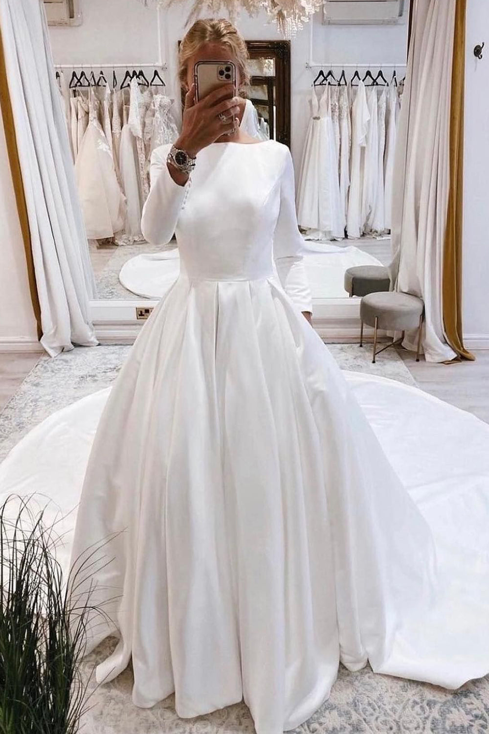 White Vintage Bateau Long A-Line Wedding Dress with Sleeves