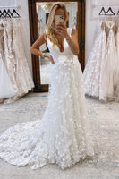 Load image into Gallery viewer, White Deep V-Neck Backless Long Wedding Dress with Appliques