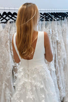 Load image into Gallery viewer, White Deep V-Neck Backless Long Wedding Dress with Appliques