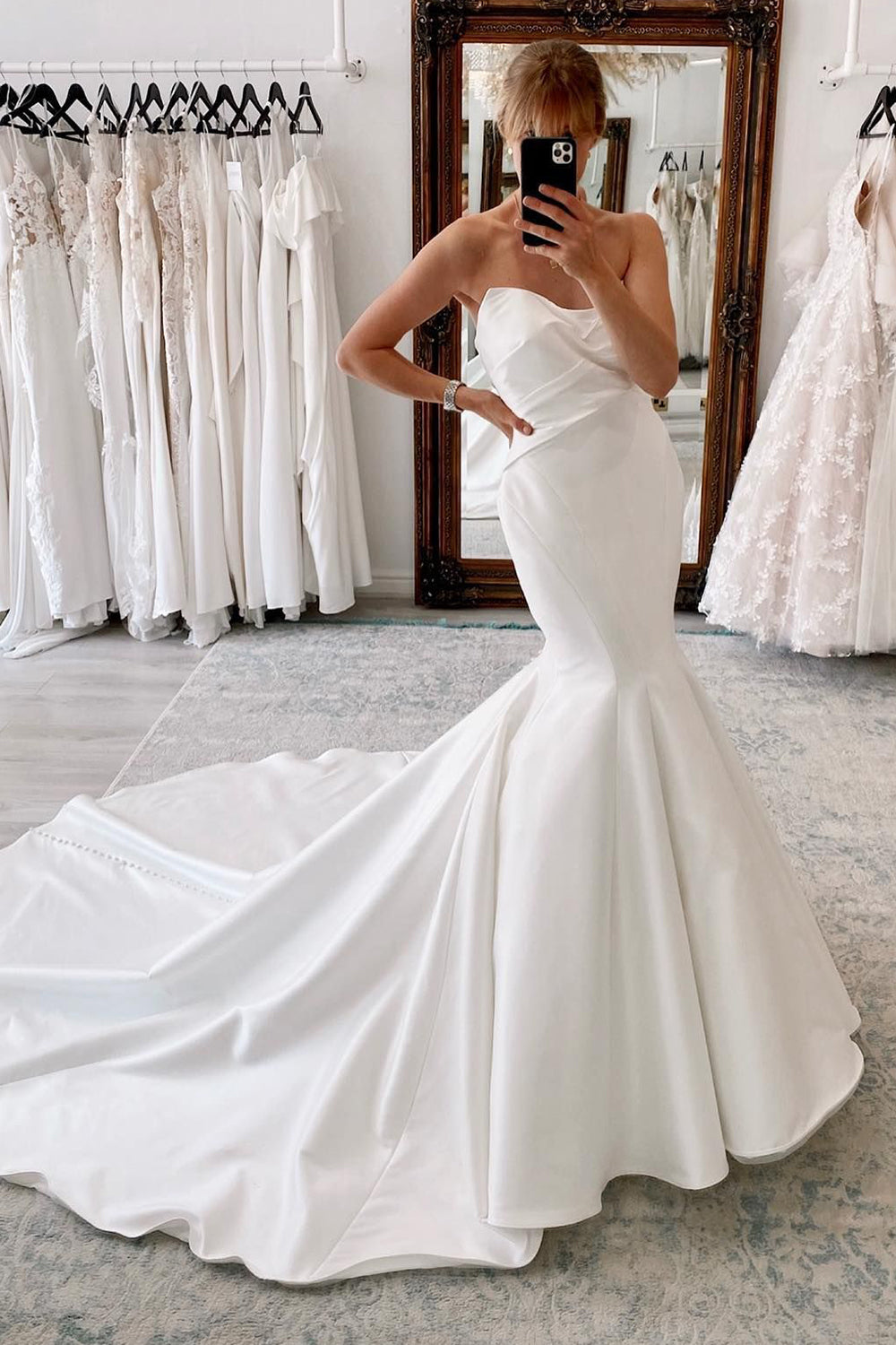 White Strapless Satin Long Mermaid Wedding Dress